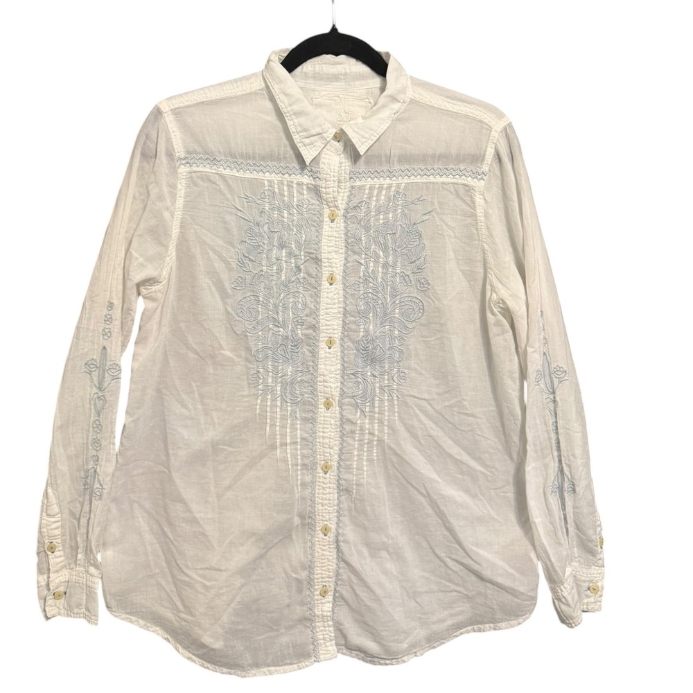 Johnny Was 3J Workshop Boho White Cotton Embroidered Button Down Shirt Womens M